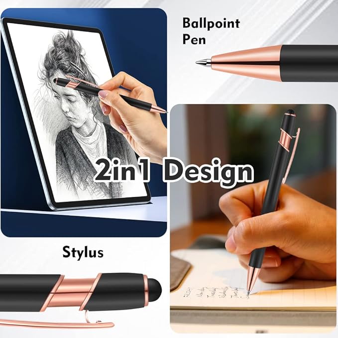 12 PCS 2 in 1 Stylus Ballpoint Pen with Stylus Tip, 1.0 mm Black Ink Metal Pen Stylus Pen for Touch Screens (Rose Gold & Black)