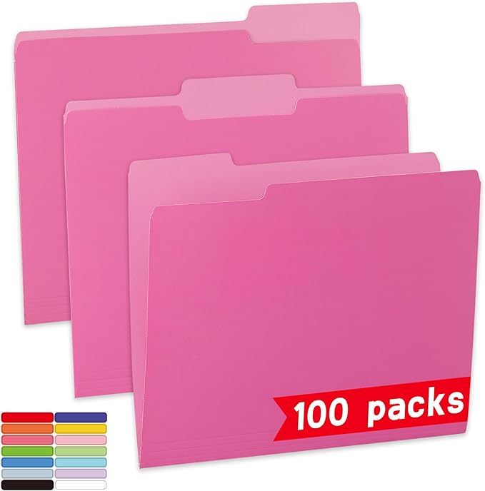 100 Packs File Folder,1/3-Cut Tabs,File Folders Letter Size,8.5x11 Pink File Folders for Office,School and Home,Organizer Documents