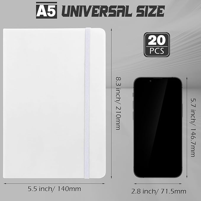 Honoson 20 Pack Lined Journal Notebooks A5 Hardcover Executive Notebook 5.5" x 8.3" PU Leather Wide Ruled Journals Bulk with Elastic Band for Home Business Office School Supplies(White)