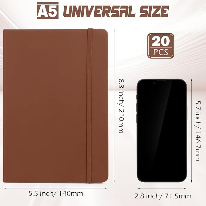 Honoson 20 Pack Lined Journal Notebooks A5 Hardcover Executive Notebook 5.5" x 8.3" PU Leather Wide Ruled Journals Bulk with Elastic Band for Home Business Office School Supplies(Brown)