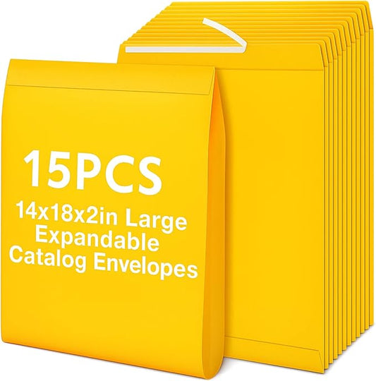 15 Pcs 14 x 18 x 2 Inch Large Expandable Catalog Envelopes Manilla Kraft Peel and Seal Envelopes Light Large Mailing for Office Home Documents Magazines Photos Storage Organizing