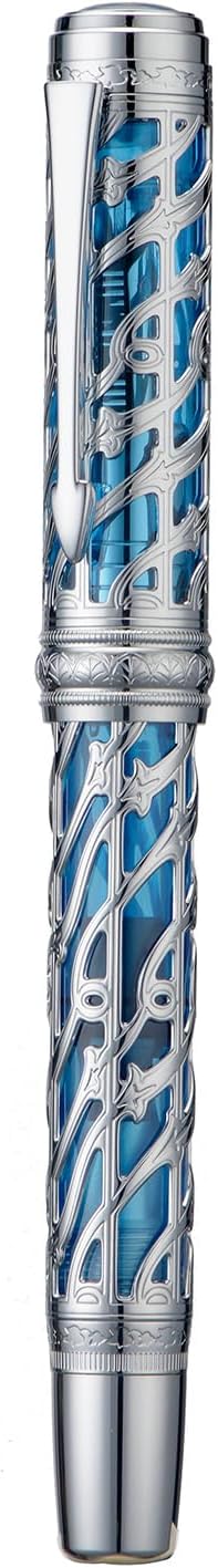 Hongdian A6 Piston Fountain Pen Fine Soft Nib, Silver Blue Hollow Skeleton & Resin Pen with Metal Case Set