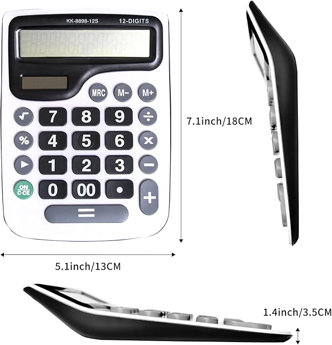 12 Digit Desktop Calculator with Large LCD Display and Sensitive Button, Dual Solar Power and Battery, Standard Function for Office (YE8898)