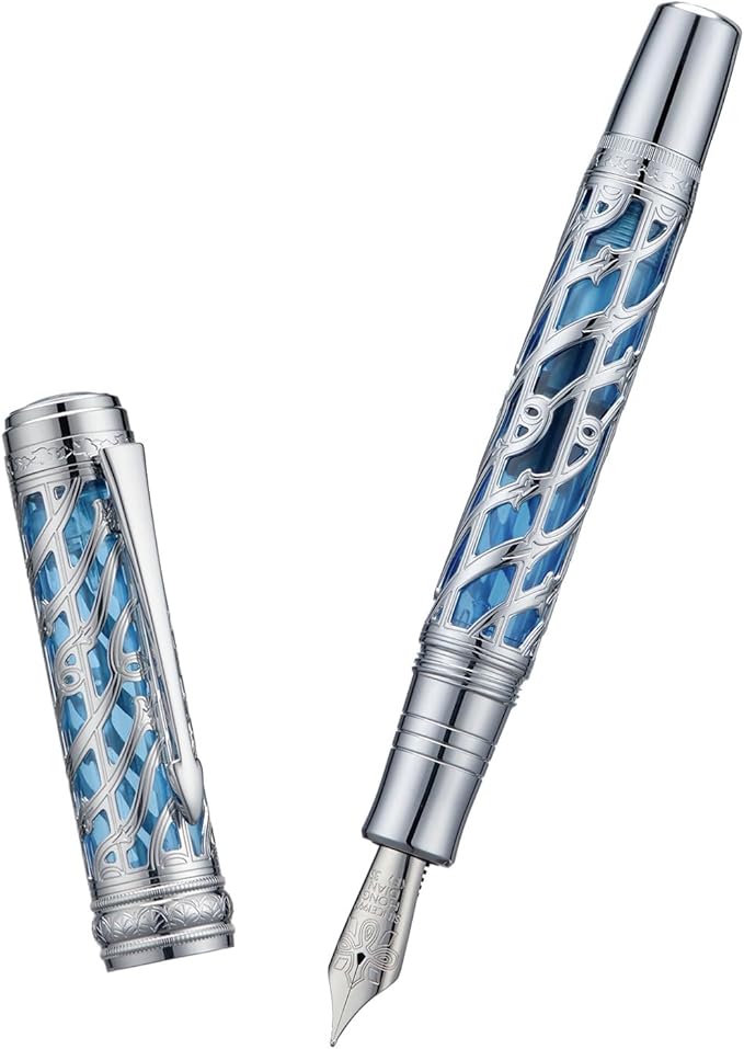 Hongdian A6 Piston Fountain Pen Fine Soft Nib, Silver Blue Hollow Skeleton & Resin Pen with Metal Case Set
