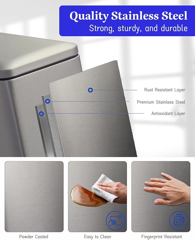12 Gallon Slim Kitchen Trash Can, Stainless Steel Trash Can with Removal Inner Bucket and Soft-Close Lid, Pedal Garbage Can 45 Liter, Grey