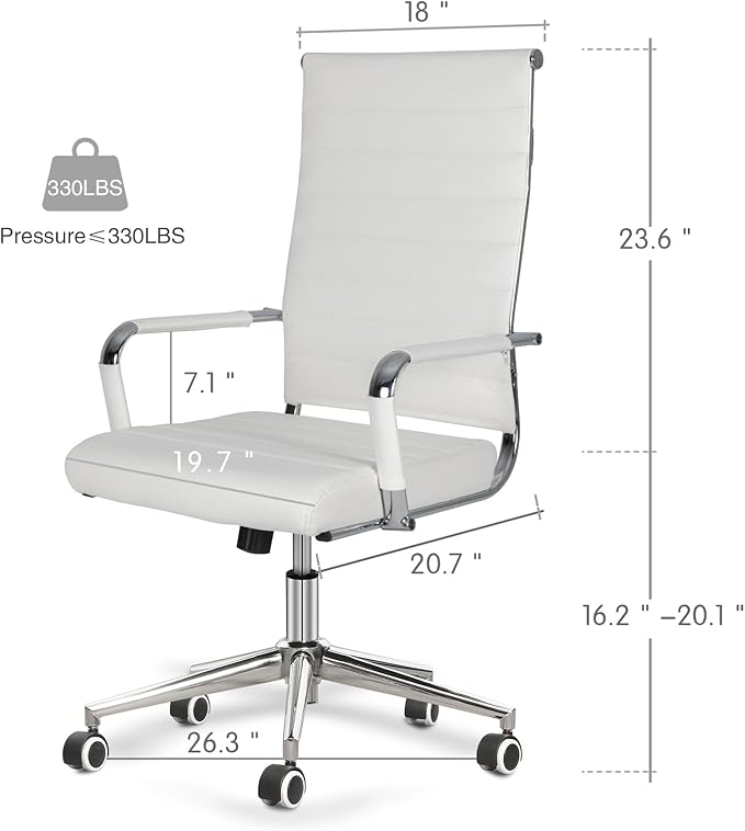 Home Office Chair Ribbed, Modern Leather Conference Room Chairs, Ergonomic Office Desk Chair, High Back Executive Computer Chair, Adjustable Swivel Chair with Arms (White)