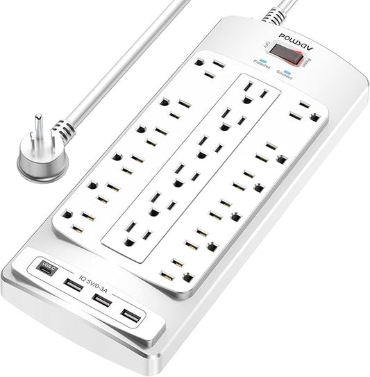 18 Outlets Surge Protector Power Strip - 6 Feet Flat Plug Heavy Duty Extension Cord with 18 Widely Outlets and 4 USB Ports, 2100 Joules, White, ETL Listed