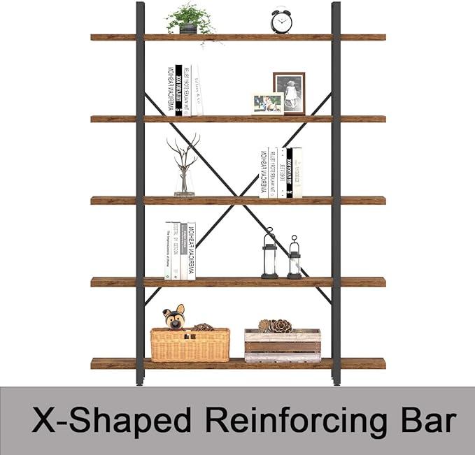 HSH Rustic Bookcases and Book Shelves 5 Shelf, Metal Wood 5 Tier Bookshelf and Storage Book Rack, Vintage Large Book Shelf for Bedroom Living Room Office,Open Vertical Display Etagere Book Case, Brown