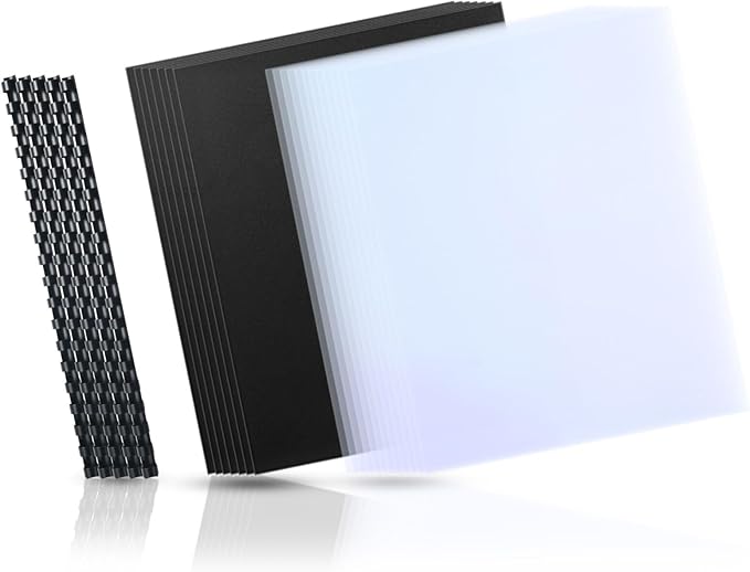 HOUYEE 180 Pack Binding Covers Set: 60 Pcs 3/8 Inch Black Binding Combs, 8.5x11 Inches, 60 Pcs 10 Mil Clear Binding Covers, 60 Pcs 12Mil Black Sand Texture, Letter Size