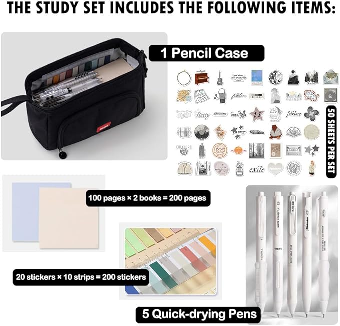 HVOMO Stationery Set,1 large-capacity pencil case,5 quick-drying pens,50 waterproof stickers,2 sticky note pads(200 sheets),1 set of 10-color index labels (200 sheets),Student stationery gift (Black)