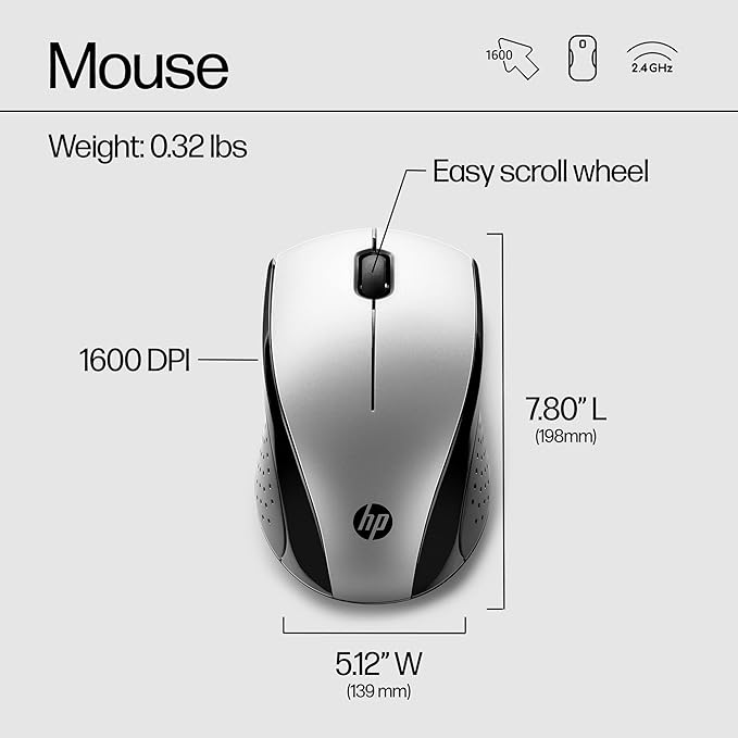 HP X3000 G3 Wireless Mouse Silver, up to 15-Month Battery,Scroll Wheel, Side Grips for Control, Travel-Friendly, Blue LED, Powerful 1600 DPI Optical Sensor, Win XP,8, 11 Compatible (683N9AA#ABL)