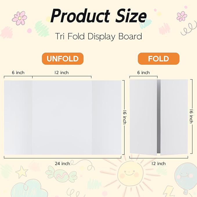 12 Pack Trifold Poster Board, 16x24 Inches White Presentation Board, Portable Display Board for Science Fair, School DIY Project and Business Exhibitions
