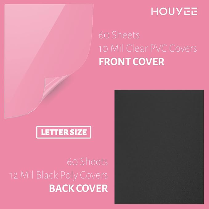 HOUYEE 120 Pack Binding Covers Set, 8.5x11 Inches, Including 60 Pcs 12 Mil Sand Plastic Texture, 60 Pcs 10 Mil Clear Binding Covers
