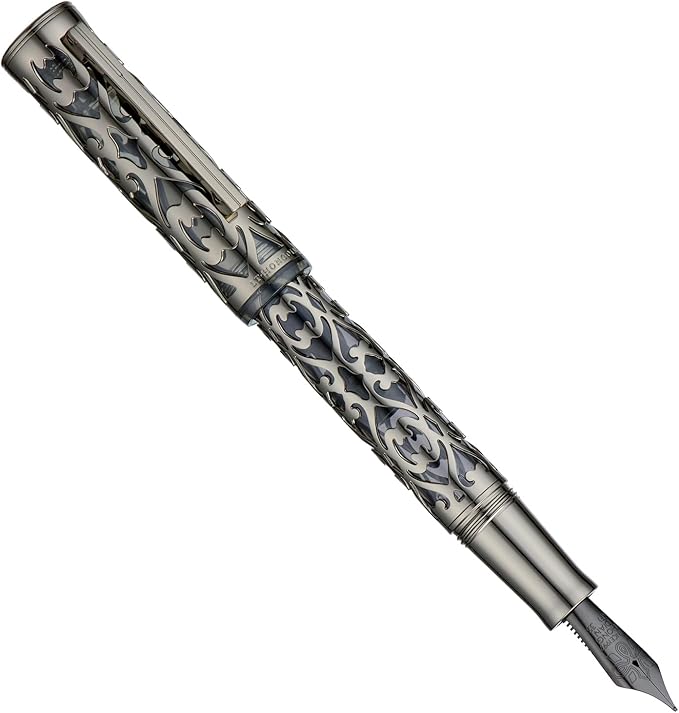 Hongdian D1 Piston Fountain Pen Extra Fine Soft Nib, Jet Black Hollow Skeleton & Resin Pen with Metal Case Set