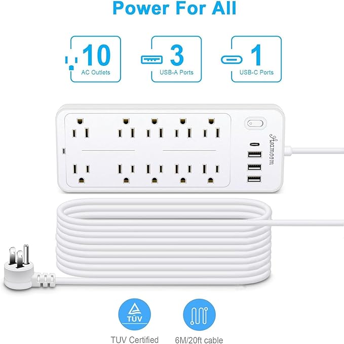 15 FT Power Strips with Surge Protection 1625W/13A,10 Outlets with 4 USB Ports (1 USB C) Long Extension Cord with Multiple Outlets 16Awag 1700J Flat Plug Power Strip Protector White,ETL Listed