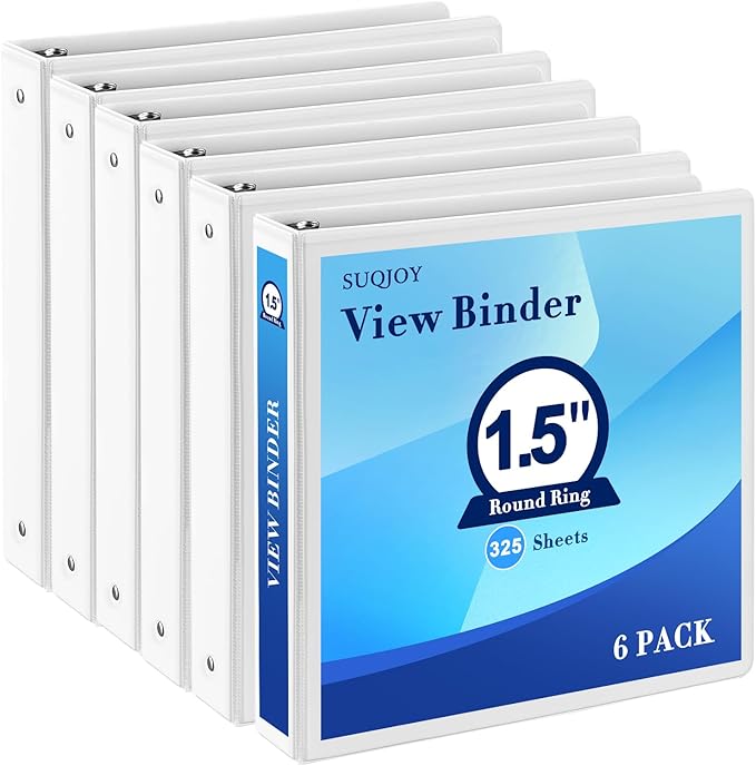 1.5 Inch 3 Ring Binder, 1-1/2“ Binder with 2 Interior Pockets, Durable White View Binders, Clear View Cover, Holds up to 325 Sheets US Letter Size, Perfect for Office/Home/School.（6 Pack）