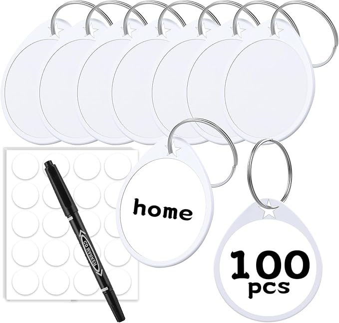 1.57 Inch Plastic Key Tags Round White Item Identifiers with Blank Paper Label Stickers and Pen, Metal Split Ring Tags Ideal for Home,Office and Rental Management Use,100 Pack