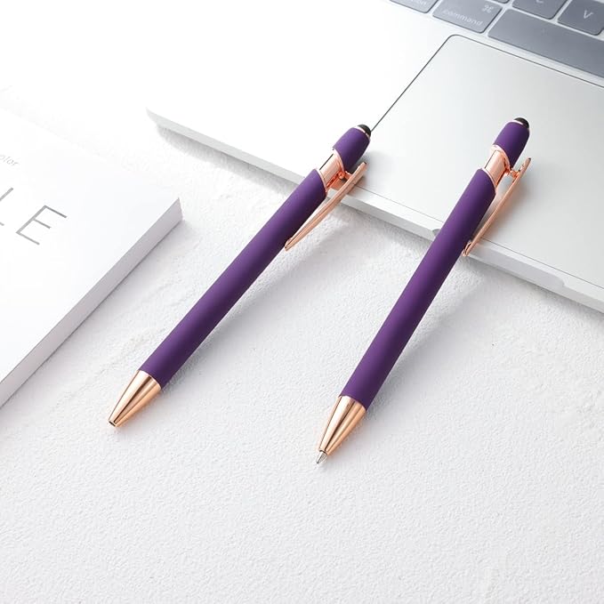12 PCS 2 in 1 Stylus Ballpoint Pen with Stylus Tip, 1.0 mm Black Ink Metal Pen Stylus Pen for Touch Screens (Rose Gold & Purple)