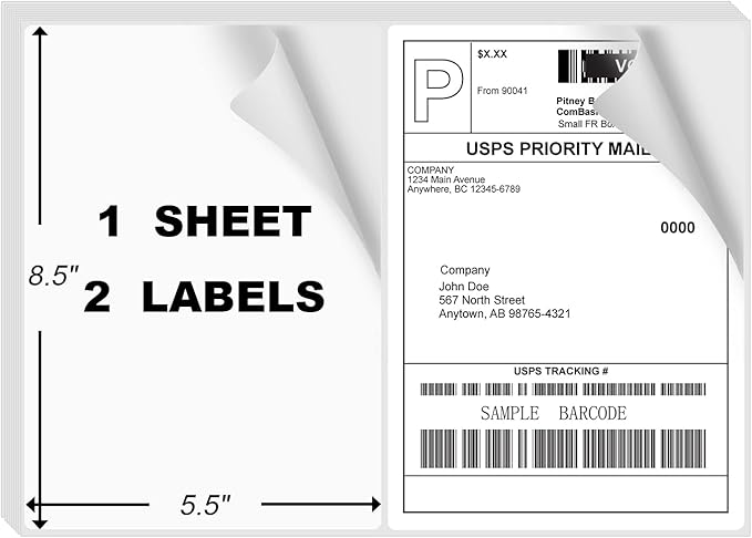 1000 Rounded Corner Half Sheet Labels, Self Adhesive Shipping Label for Laser and Ink Jet Printers, White Blank, 2 Labels Per Sheet (500 Sheet)
