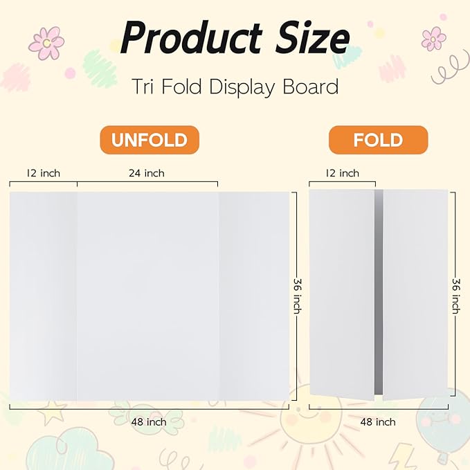 12 Pack Trifold Poster Board, 36x48 Inches White Presentation Board, Portable Display Board for Science Fair, School DIY Project and Business Exhibitions