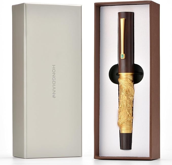 Hongdian N24 Fountain Pen Fine Nib, Golden Dragon Stereoscopic Carving with Red Wood Design