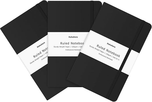 Huhuhero Lined Notebook Journal, 120Gsm Thick Paper College Ruled Journal, Hardcover Notebooks for Work School Note Taking, Office School Supplies 5"×8.25" (3, Black)