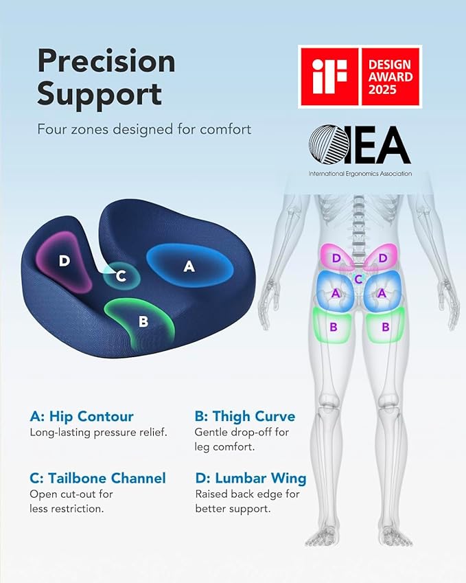 HUANUO Ergonomic Seat Cushion for Office Chair, Extra Large Car Seat Cushion, Tailbone and Back Support, Cooling Gel Enhanced, 4-Zone Pressure Relief Chair Cushions for Office, Car, Wheelchair