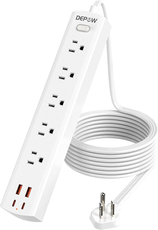 10 Ft Ultra Thin Extension Cord, 5-Outlet Power Strip Surge Protector with 4 USB Ports (2 USB C), 1875W/15A, Low Profile Flat Plug, 1700 Joules, Wall Mount for Home Office, White