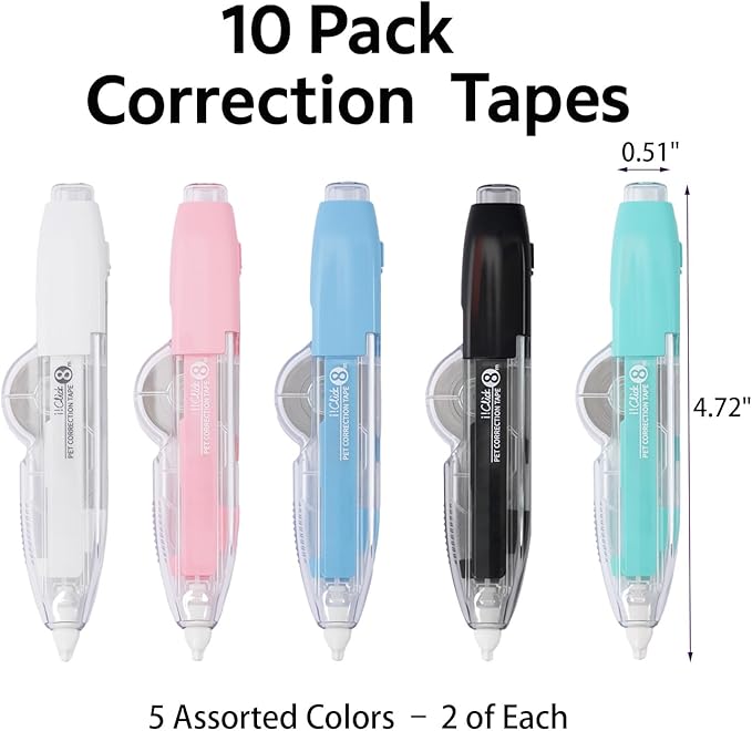 10 PCS Correction Tape Pens White-Out Applicator with Protective Cover, Smooth Ink Tape, Aesthetic Pen Design for School & Office Supplies (Retractable & Refillable)