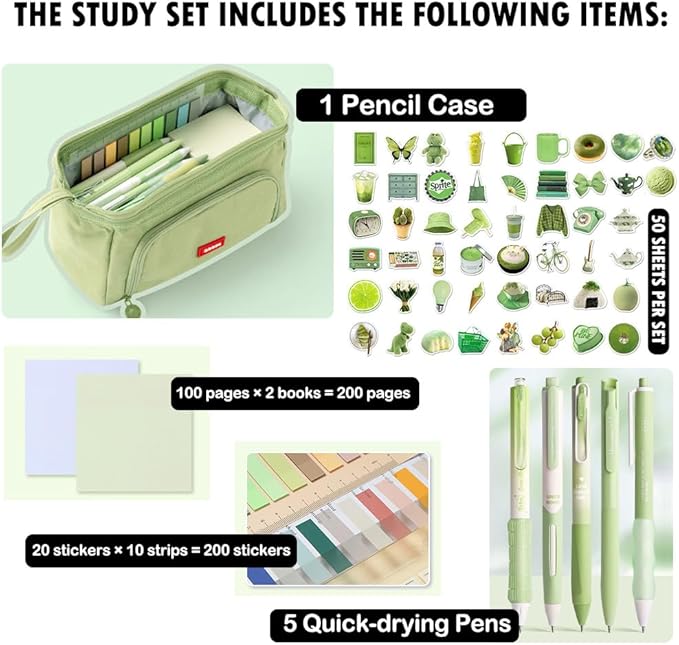 HVOMO Stationery Set,1 large-capacity pencil case,5 quick-drying pens,50 waterproof stickers,2 sticky note pads(200 sheets),1 set of 10-color index labels (200 sheets),Student stationery gift(Green)