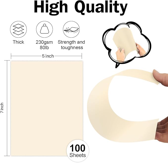 100 Pack Cream Blank Cardstock 5x7 Thick Paper，Goefun 80lb Flat 5 x 7 Card Stock Printable Paper for Invitations, Postcards, Photos, DIY Card Making