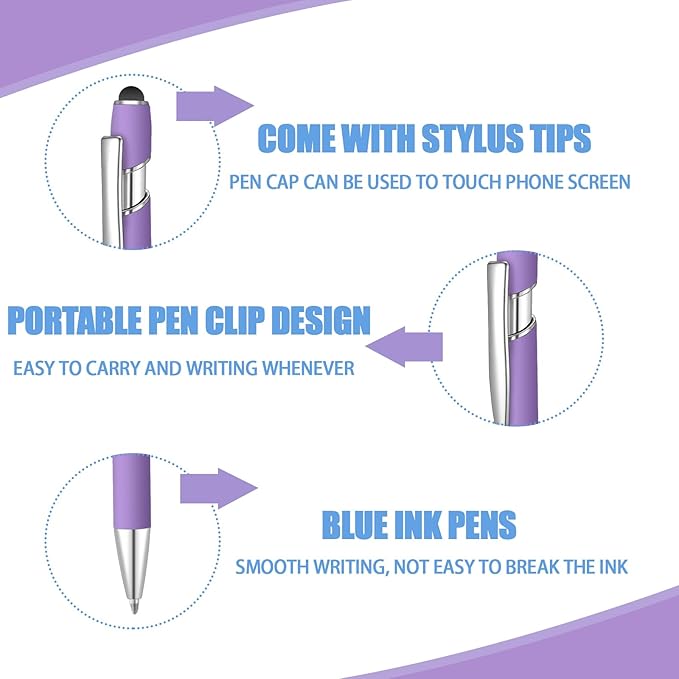 12 Pcs Blue Ink Ballpoint Pen with Stylus Tip, 1.0 mm Metal Pen Stylus Pen for Touch Screens, 2 in 1 Thank You Pen Gift for Friends, Colleagues, Coworker, Office, Family(Purple)