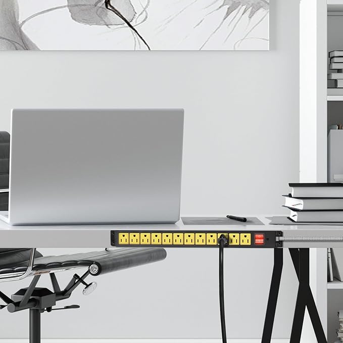 12 Outlet Heavy Duty Power Strip with 15A Circuit Breaker,Metal Wall Mount Power Strip for Garage Workshop Industrial 1200J 15A 125V 1875W 6ft Cord