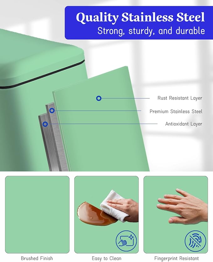 12 Gallon Slim Kitchen Trash Can, Stainless Steel Trash Can with Removal Inner Bucket and Soft-Close Lid, Pedal Garbage Can 45 Liter, Green