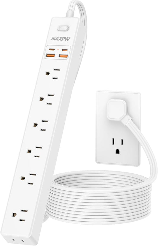 15 Ft Power Strip Surge Protector - 7 Outlets 4 USB Ports (2 USB C), Ultra Thin Flat Extension Cord & Flat Plug, 1700 Joules, Wall Mount, Desk Charging Station for Home Office Dorm, White