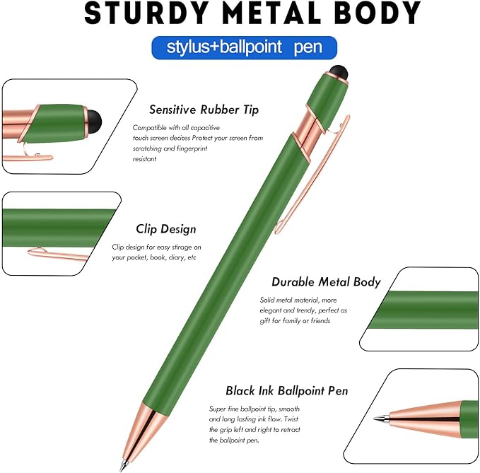 12 PCS 2 in 1 Stylus Ballpoint Pen with Stylus Tip, 1.0 mm Black Ink Metal Pen Stylus Pen for Touch Screens (Light Green)