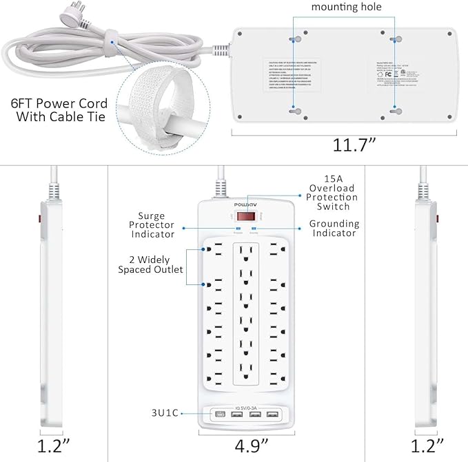 18 Outlets Surge Protector Power Strip - 6 Feet Flat Plug Heavy Duty Extension Cord with 18 Widely Outlets and 4 USB Ports, 2100 Joules, White, ETL Listed
