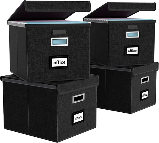 Huolewa New Portable File Organizer Boxes Set of 4, Collapsible Linen Hanging Filing Storage Boxes with Plastic Slide, Decorative Home/Office Filing System for File and Folders Storage (Black)