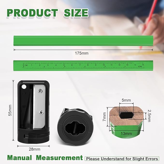 Honoson 200 Pcs Flat Construction Pencils with Printed Ruler Wood Graphite 2 Pcs Carpenter Pencil Sharpener for Woodworking Marking Tool(Green)