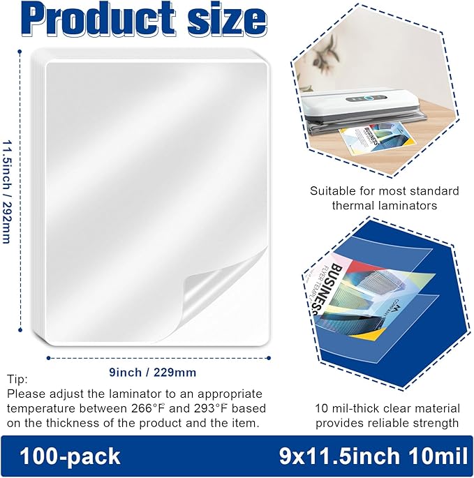 100 Pack 9x11.5inch 10mil Letter Size Laminating Sheets Thermal Laminating Pouches Paper Laminator Sheets File Card Laminator Pouches 8.5x11inch for Permits Cards File Photos (100, 9"x11.5"-10mil)