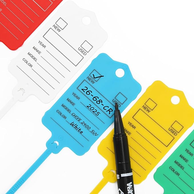 100 Car Key Tags with Labels Plastic Car Dealership Key Tags Self Locking Automotive Identifiers Blank Shop Labels with One Pen (Mixed Color)