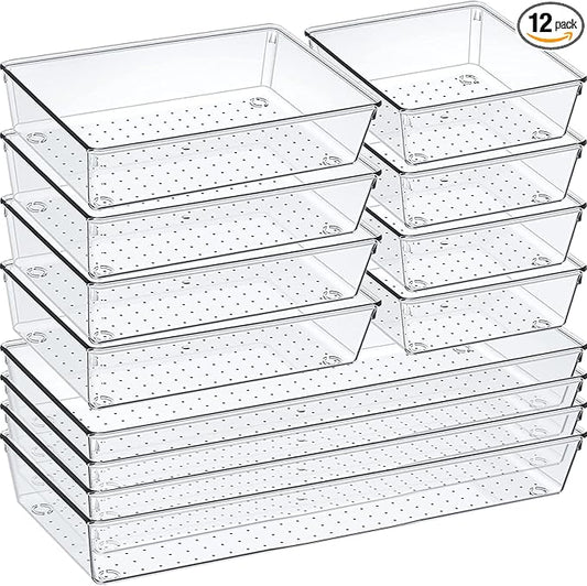 12 Pack Clear Plastic Drawer Organizer Set, Acrylic Non Slip Non Cracking Kitchen Drawer Storage Tray Large Size Divider, Multifunctional Storage for Cosmetics, Bathroom, Tools, Kitchen and Office