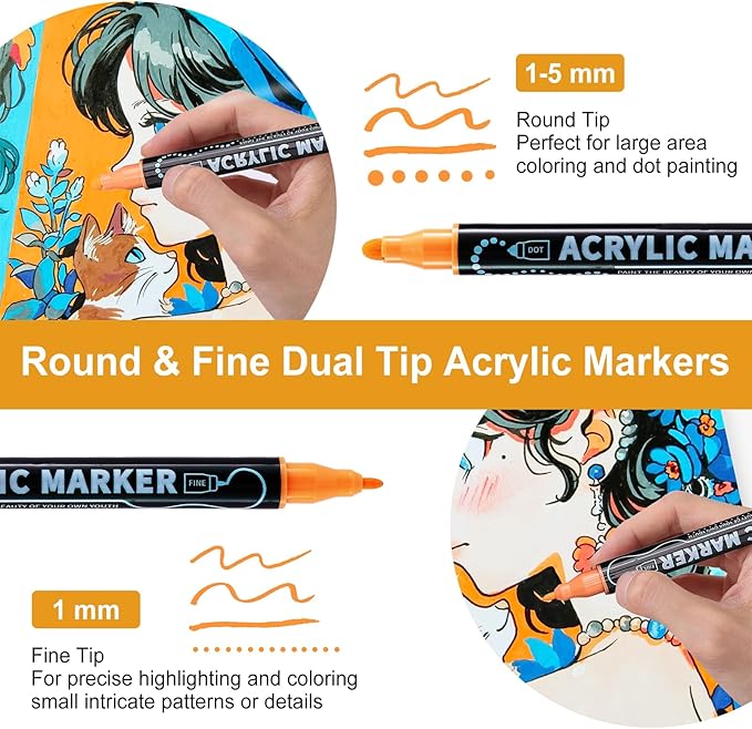 12 Colors Waterproof Dual Tip Acrylic Paint Pens, Dot & Fine Tip Premium Coloring Drawing Markers Set for Wood, Rock Painting, Canvas, Glass, Ceramic Surfaces and DIY Crafts Making Art Supplies