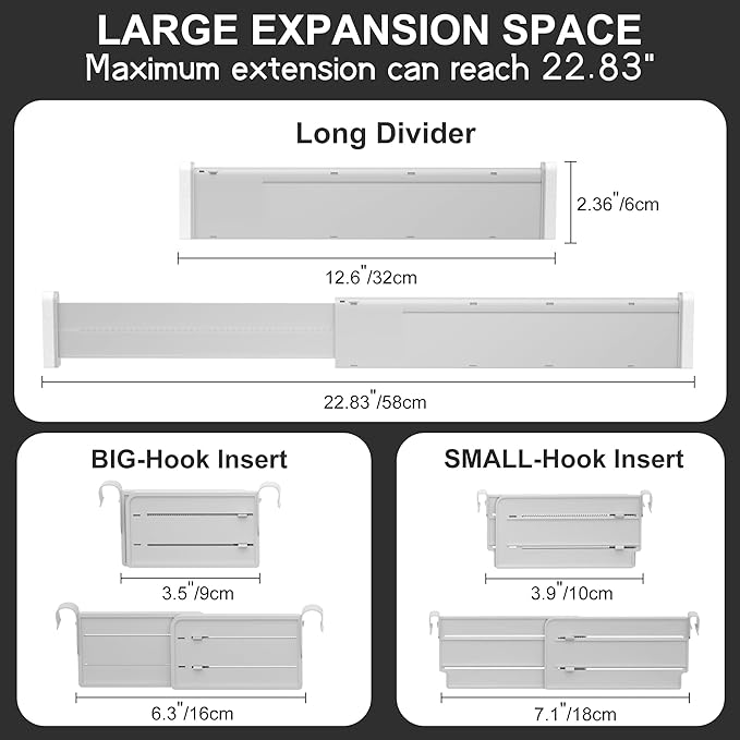 HiYZ Expandable Drawer Dividers with Inserts - Adjustable Drawer Organizers Separators for Kitchen, Bedroom, Dresser, Office, 3 Long Dividers(12.6-22.8 IN) with 6 Inserts(3.9-7.1 IN) - Gray