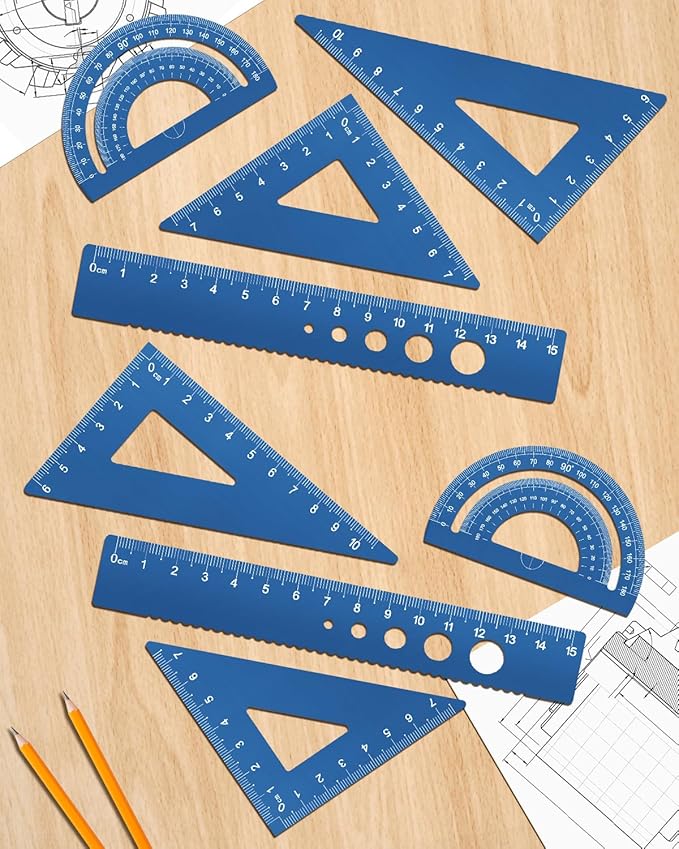 Honagu Triangular Ruler Set, 8 Pieces/2 Sets Aluminum Alloy Ruler, Metal Drafting Ruler, Geometric Protractor for Students, Draftsmen, Engineers, School Office Supplies (Blue+Blue)