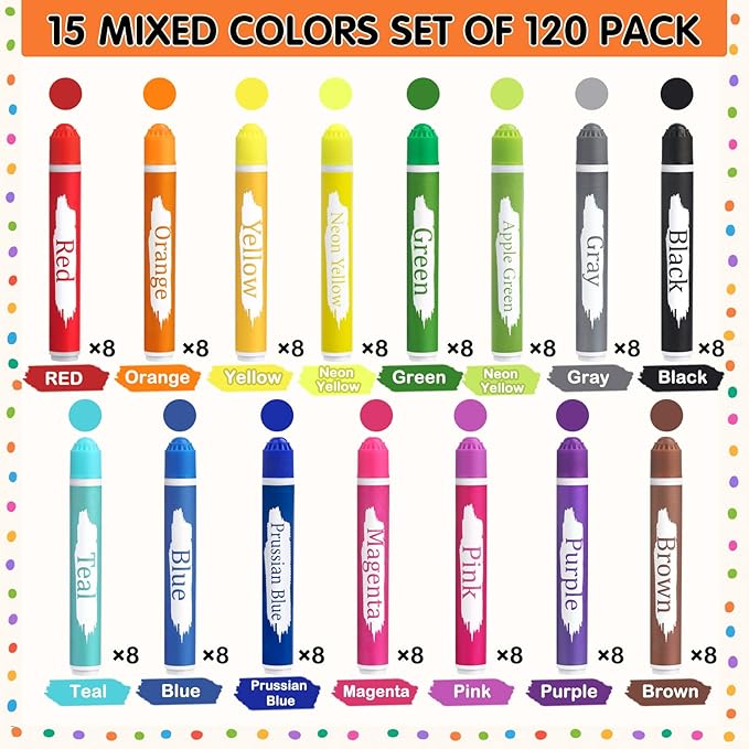 HNSHAG 120pcs Art Bingo Daubers, 15 Colors Washable Dot Markers, Bulk Preschool Art Supplies Paint Craft Kit for Kids, Ideal for Toddler Art and Crafts Painting Supplies Drawing Coloring