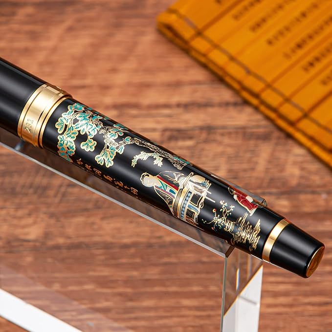 Hongdian 231 Chinese Classical Fountain Pen, Iridum Fine Gold Nib with Chinese Painting Design, Smooth Writing Pen with Ink Converter and Metal Pen Box Set