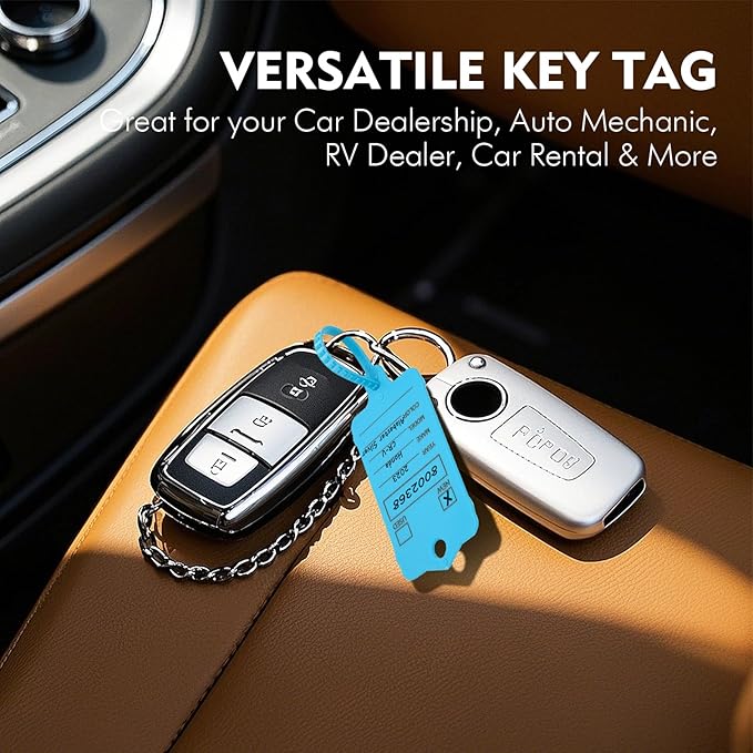 100 Car Key Tags with Labels Plastic Car Dealership Key Tags Self Locking Automotive Identifiers Blank Shop Labels with One Pen (Blue)