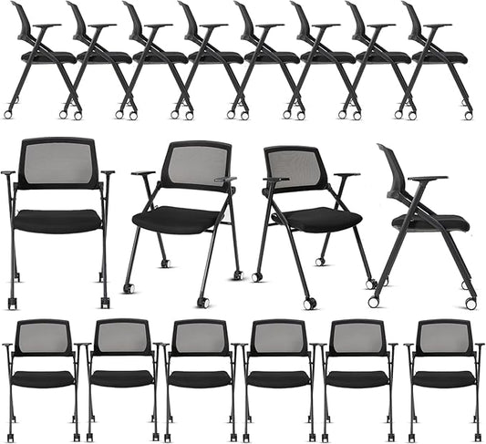 10 Pack Conference Room Chairs with Wheels and Sliding Armrest,Foldable Nesting Chair for Office School Church Waiting Room Black