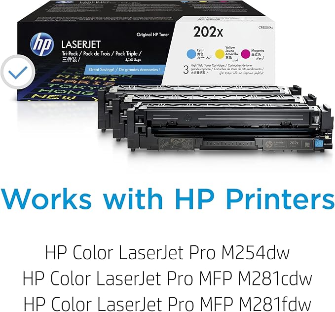 HP 202X Cyan, Magenta, Yellow High-yield Toner Cartridges (3-pack) | Works with HP Color LaserJet Pro M254, HP Color LaserJet Pro MFP M281 Series | CF500XM